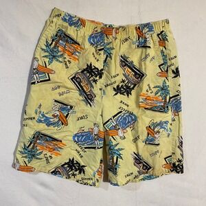 Vintage Sears Boys Surf Shorts Yellow Novelty Print Cotton Youth XL 18-20 USA